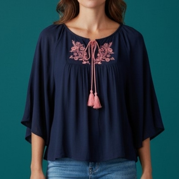 Rue21 Tops - 3/$30 RUE 21 Navy Blue Floral Embroidered Dolman Sleeve Flounce Blouse